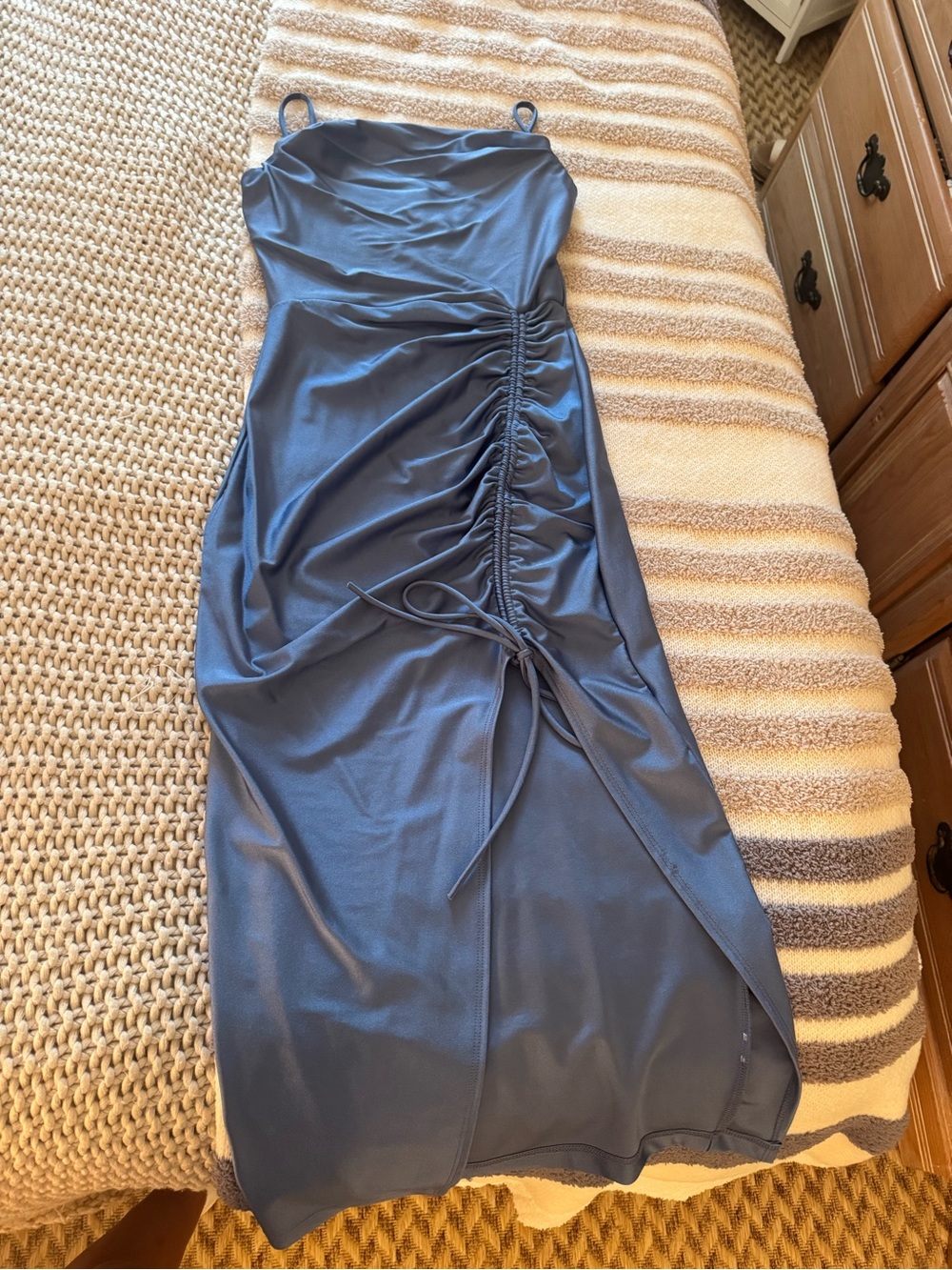 Dusty Blue Ruched Side Midi Dress with Spaghetti Straps